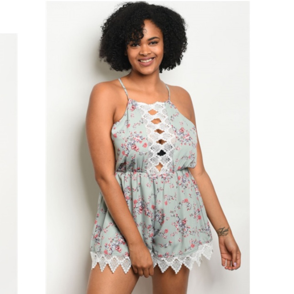 Sage Floral Romper with Lace Trim Plus size